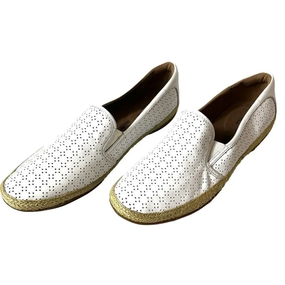Clarks Collection Women 10M Comfort Casual White Leather Espadrille Slip On Flat